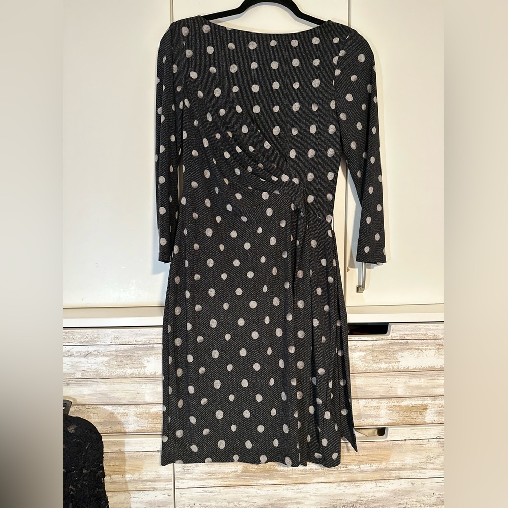 🖤 Chaps Black Gray Polka Dot Faux Wrap Dress Size Small 3/4 Sleeve